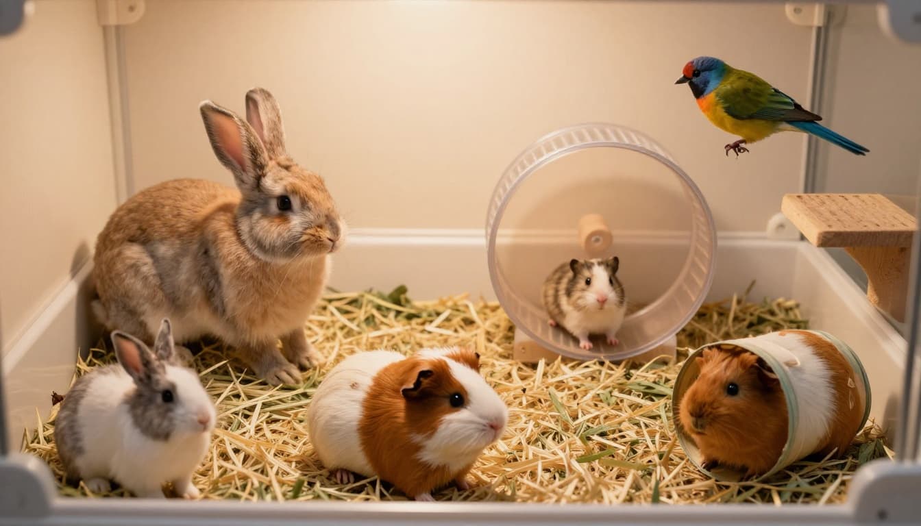 A rabbit hops energetically in a playpen, a hamster runs on its wheel, a guinea pig explores a tunnel, and a bird flies near its perch, all in a cozy indoor pet room with warm lighting.