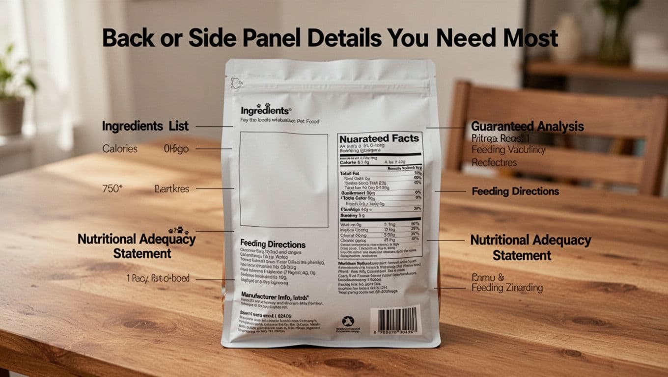Realistic photo of a pet food bag back or side panel laid flat on a table, displaying blank areas for ingredients list, guaranteed analysis, nutritional adequacy statement, feeding directions, and manufacturer info under natural indoor lighting.