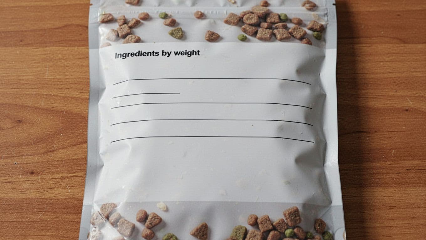 Realistic close-up photo of a pet food bag side panel laid flat on a wooden table, showing a blank lined area for ingredients list ordered by weight descending, with natural indoor lighting and subtle emphasis on the top five blank lines.