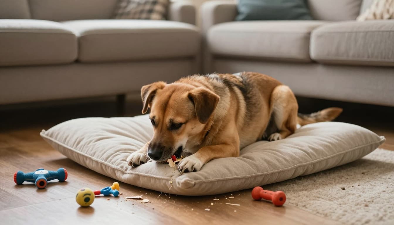 An energetic medium-sized mixed breed dog chews destructively on a sofa cushion in a cozy living room with scattered toys, illuminated by daylight from a window.