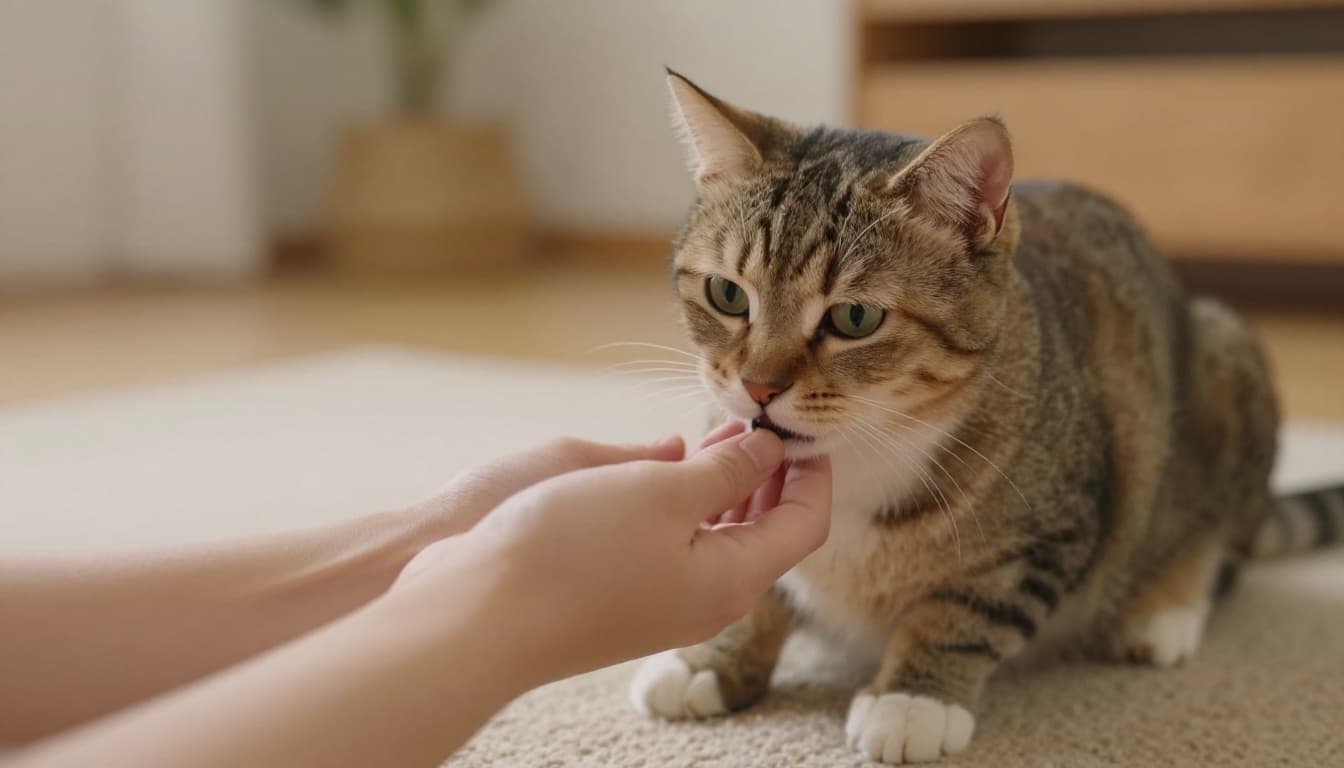 A happy cat rubs against a person's leg in a cozy home setting with soft indoor lighting and warm tones, illustrating the pet initiating contact as a sign of trust. Exactly one cat and one leg are visible, realistic photo with no text or hands.