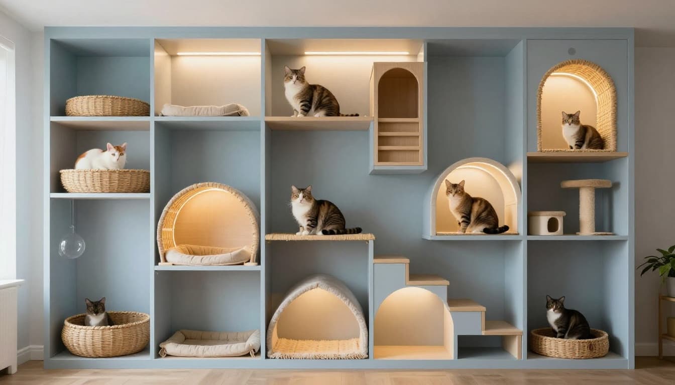 A realistic home cat vertical playground featuring high shelves, built-in stairs, woven basket bed with LED lights, and hideout tunnel in neutral calming soft blues and grays. One content cat perched high under warm soft lighting, no people, text, or extra animals.