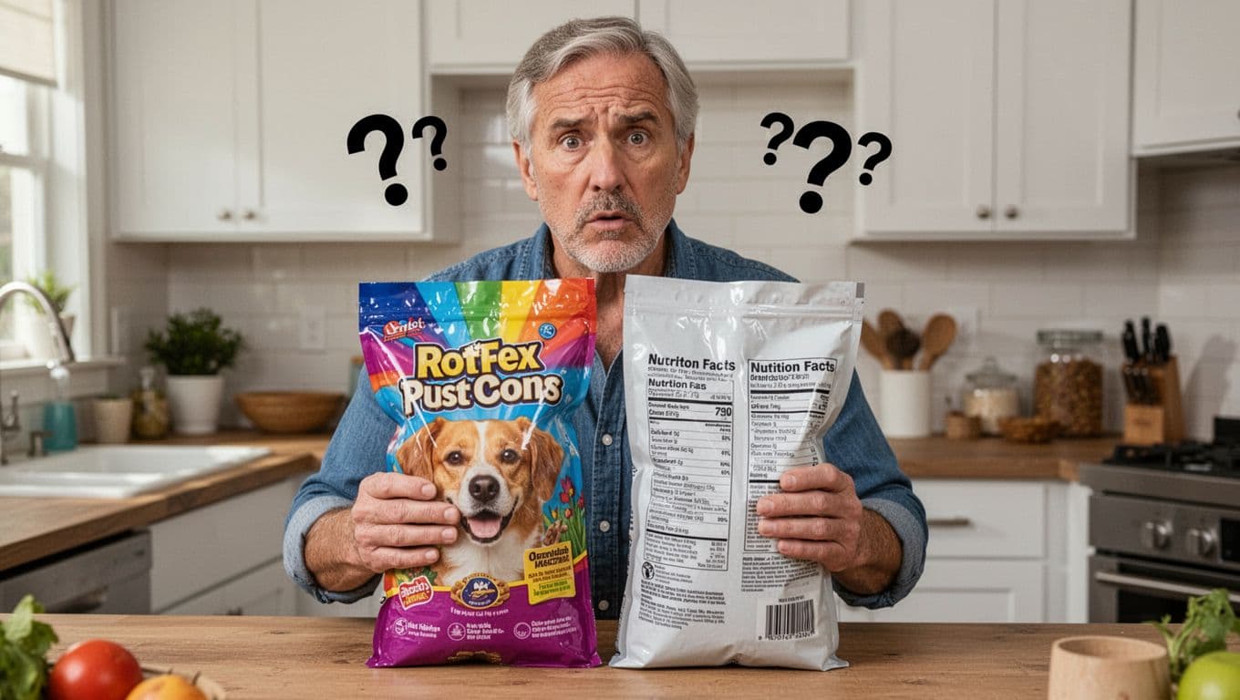 A confused middle-aged pet owner in a kitchen holds an open pet food bag, comparing the flashy colorful front panel with the plain back label details, with question marks floating nearby in realistic photo style.