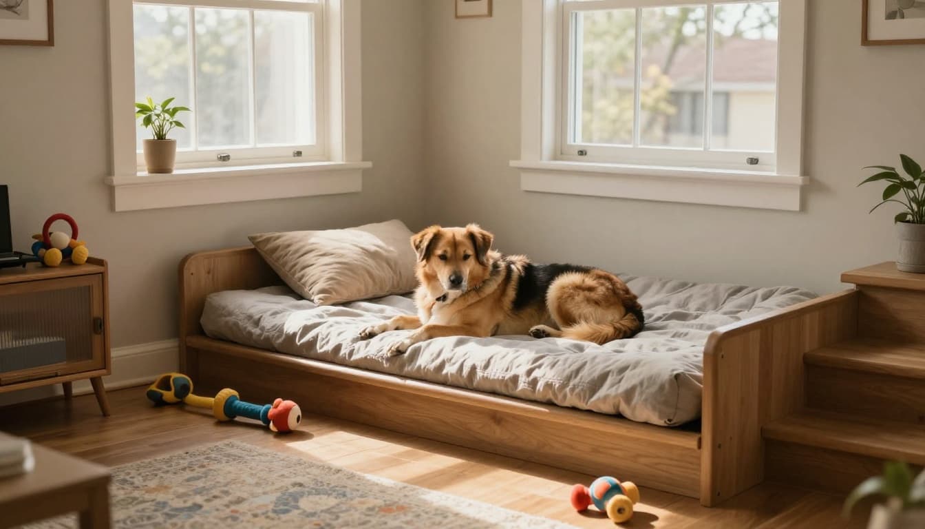 Spacious indoor living room corner designed for a medium-sized dog, featuring an orthopedic bed in a built-in nook under the stairs where the dog rests comfortably. Soft flooring with scattered toys, natural light, and cozy warm lighting in a realistic photo style, with exactly one dog and no other animals, people, text, or watermarks.