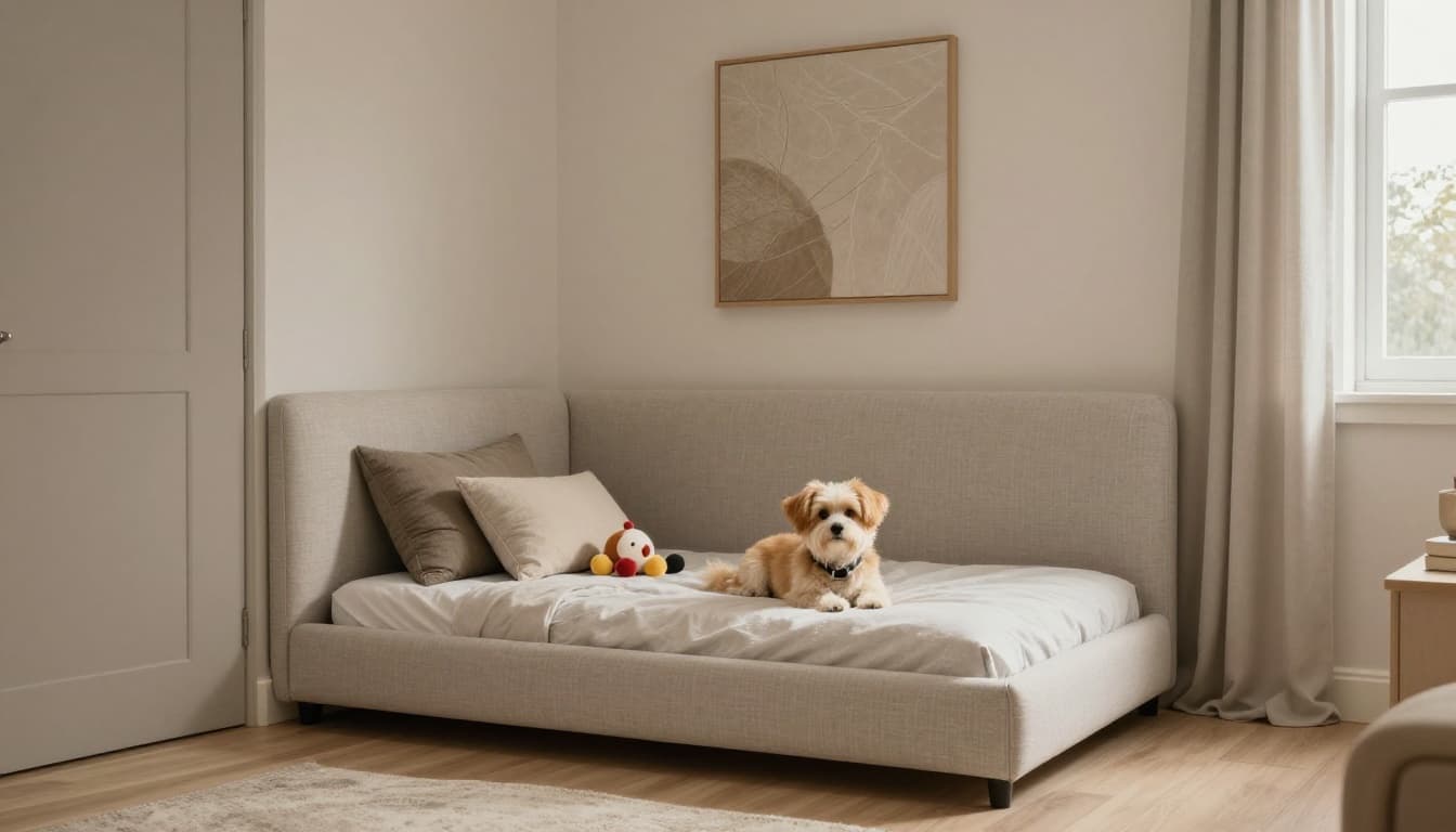 Cozy pet bedroom nook transformed from a closet corner with cushioned walls, orthopedic bed, toys, soft lighting, and modern neutral decor. One small dog or cat rests in this warm, realistic photo atmosphere.
