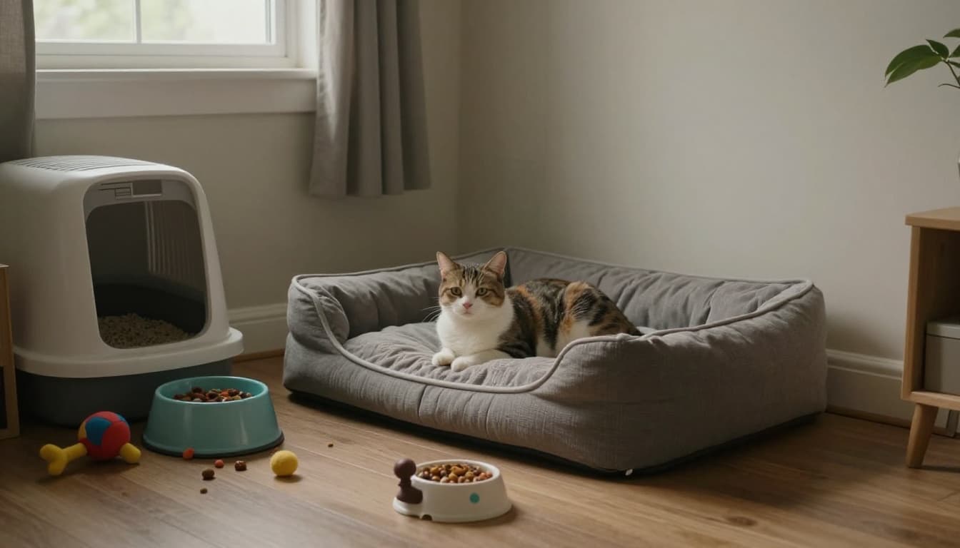 A peaceful living room corner set up as a safe space for a new cat, featuring a soft pet bed, water bowl, food dish, scattered toys, and nearby litter box under dim warm lighting and soft natural light.