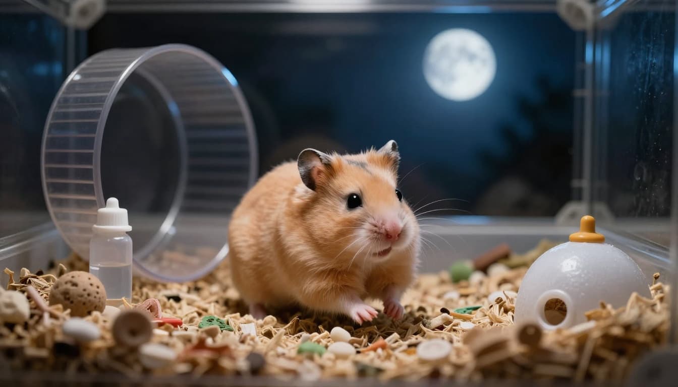 A cute Syrian hamster energetically runs on an exercise wheel inside a spacious glass habitat cage under dim blue moonlight, with realistic fur details and a curious expression.