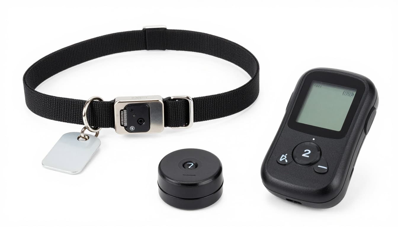 Close-up product shot of a small dog's collar featuring an ID tag and modern GPS tracker attached, with a microchip scanner nearby, on a white background with even lighting.