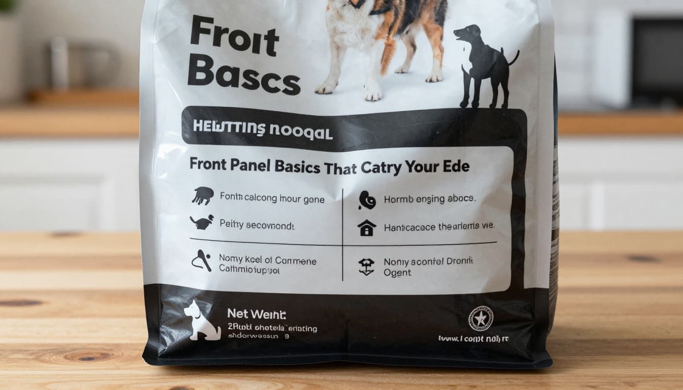 Realistic close-up of a dog food bag front panel on a wooden kitchen table, showing blank areas for product name, dog icon, and net weight with no readable text. Natural daylight lighting emphasizes the clean label composition.