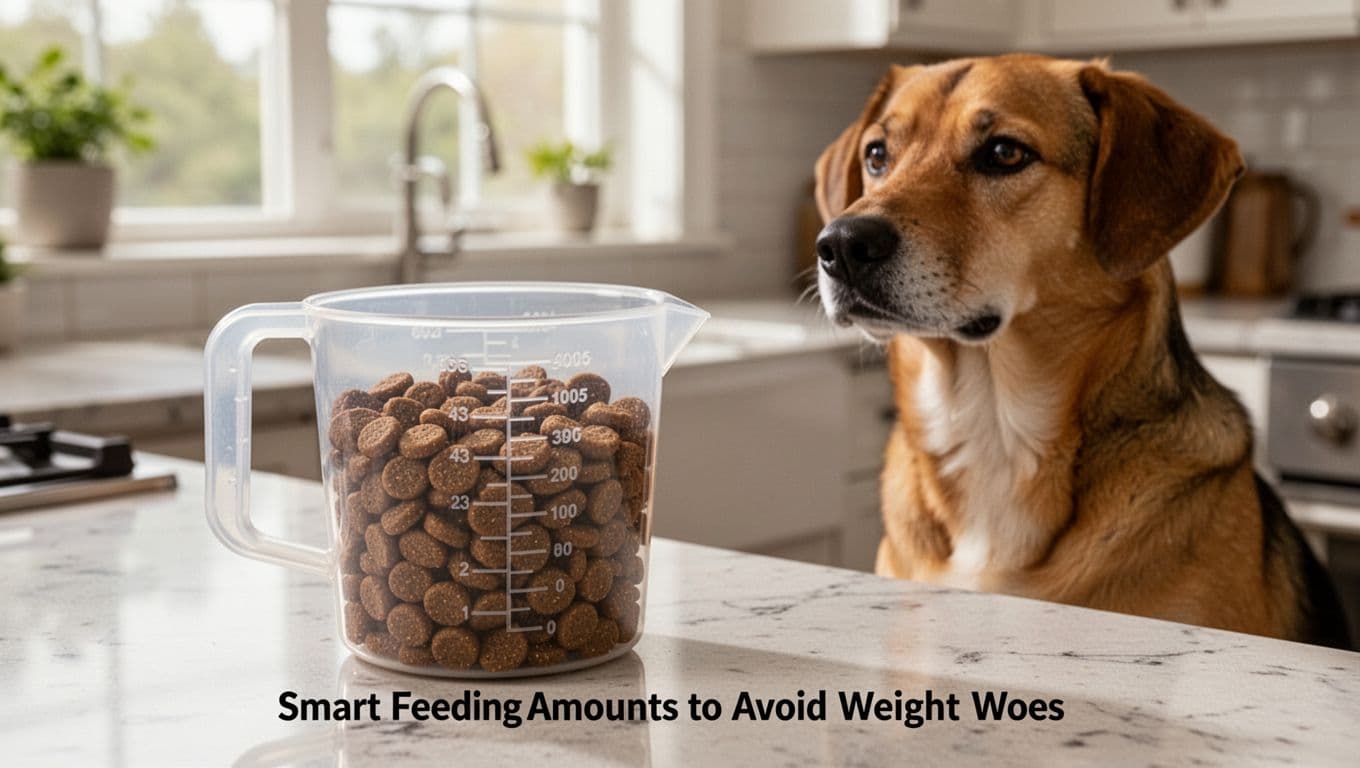 Close-up of a plastic measuring cup filled with exactly one cup of dry dog kibble on a kitchen counter, with a medium-sized dog sitting patiently nearby under bright natural light.