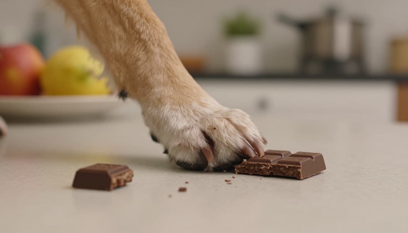 Close-up of a dog's paw gently touching a broken piece of dark chocolate bar on a countertop, with blurred kitchen background featuring fruits, realistic photo in warm indoor lighting.