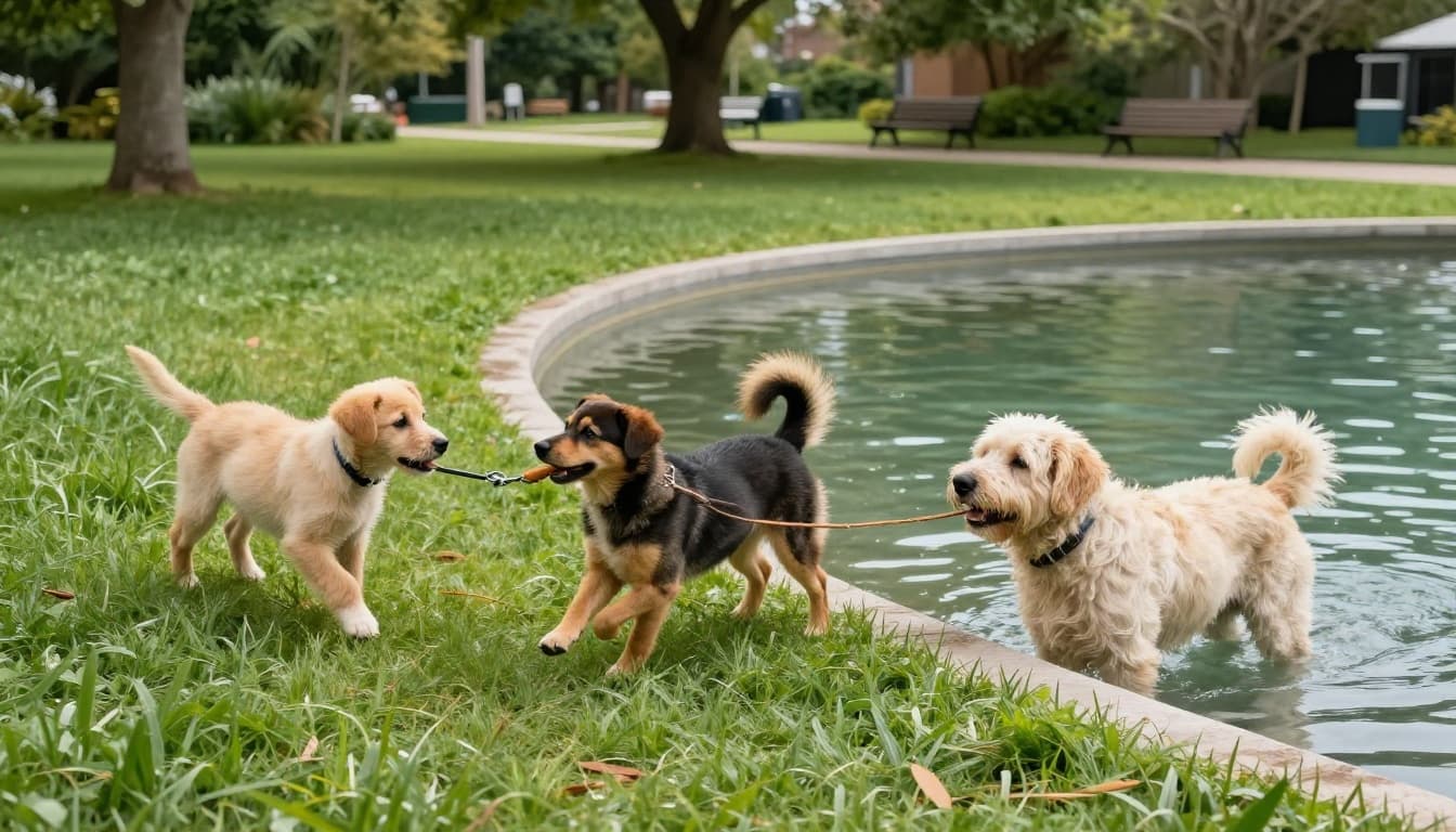 Three dogs in different life stages enjoy gentle exercises in a sunny park: a small puppy walking on grass, a medium adult playing fetch, and a large senior swimming in a shallow pool.