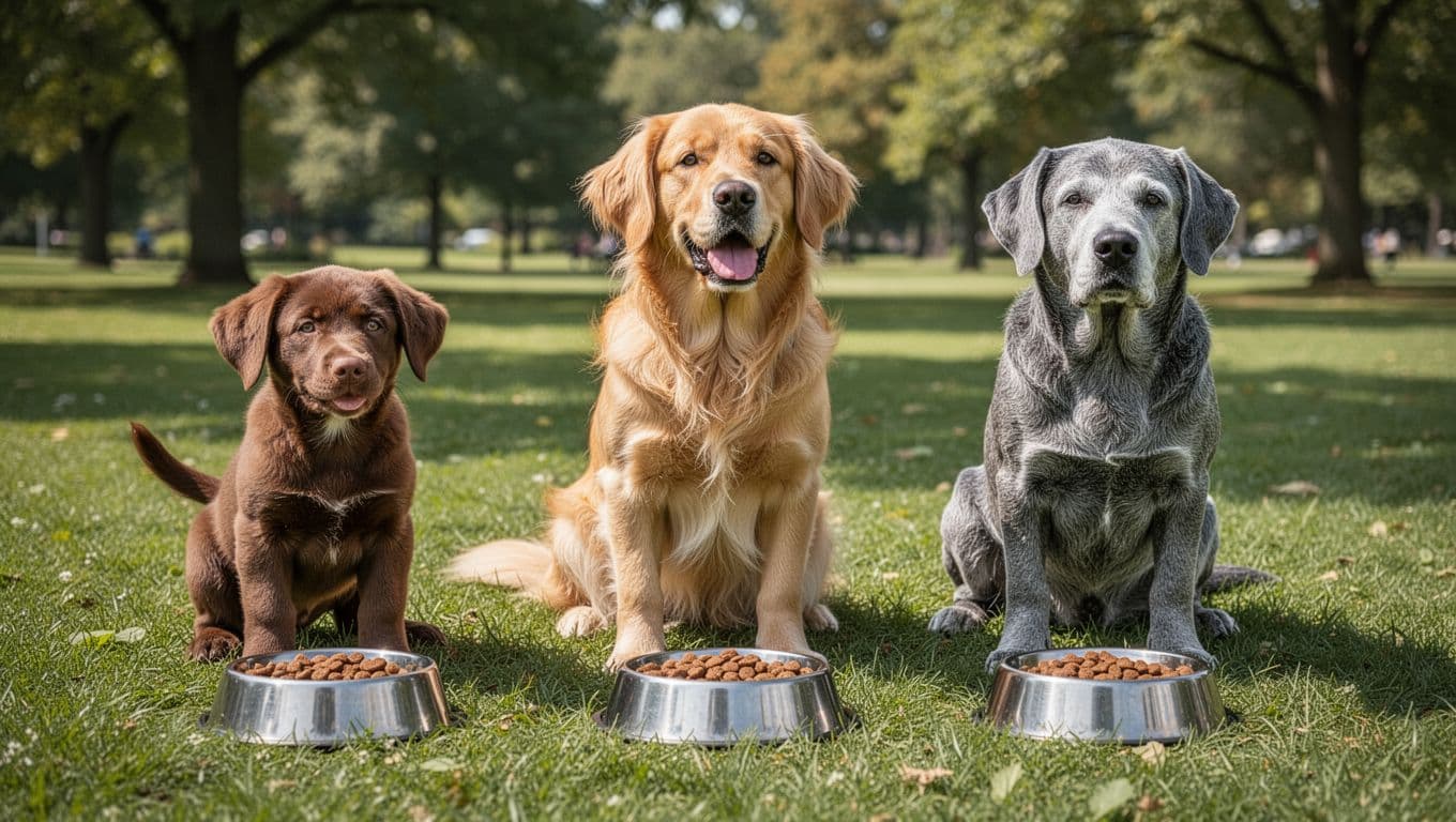 Three dogs—a playful brown puppy, energetic adult golden retriever, and wise gray senior dog—sit in a sunny park on green grass, each with an empty food bowl in front, highlighting varying nutritional needs.