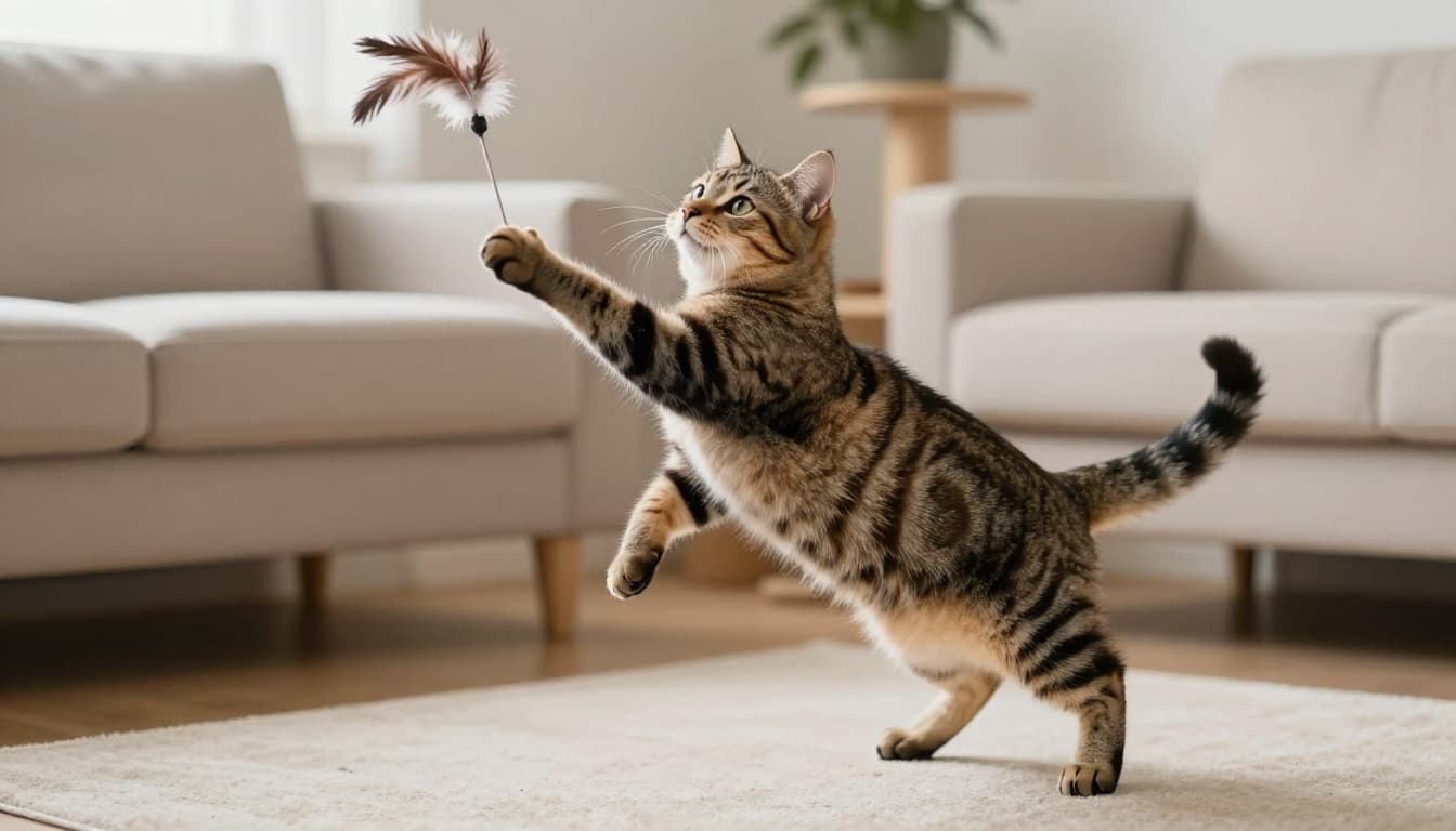An elegant tabby cat dynamically leaps to catch a feather wand toy held by an invisible string in a cozy living room with a scratching post nearby, captured in a realistic photo with soft indoor lighting.