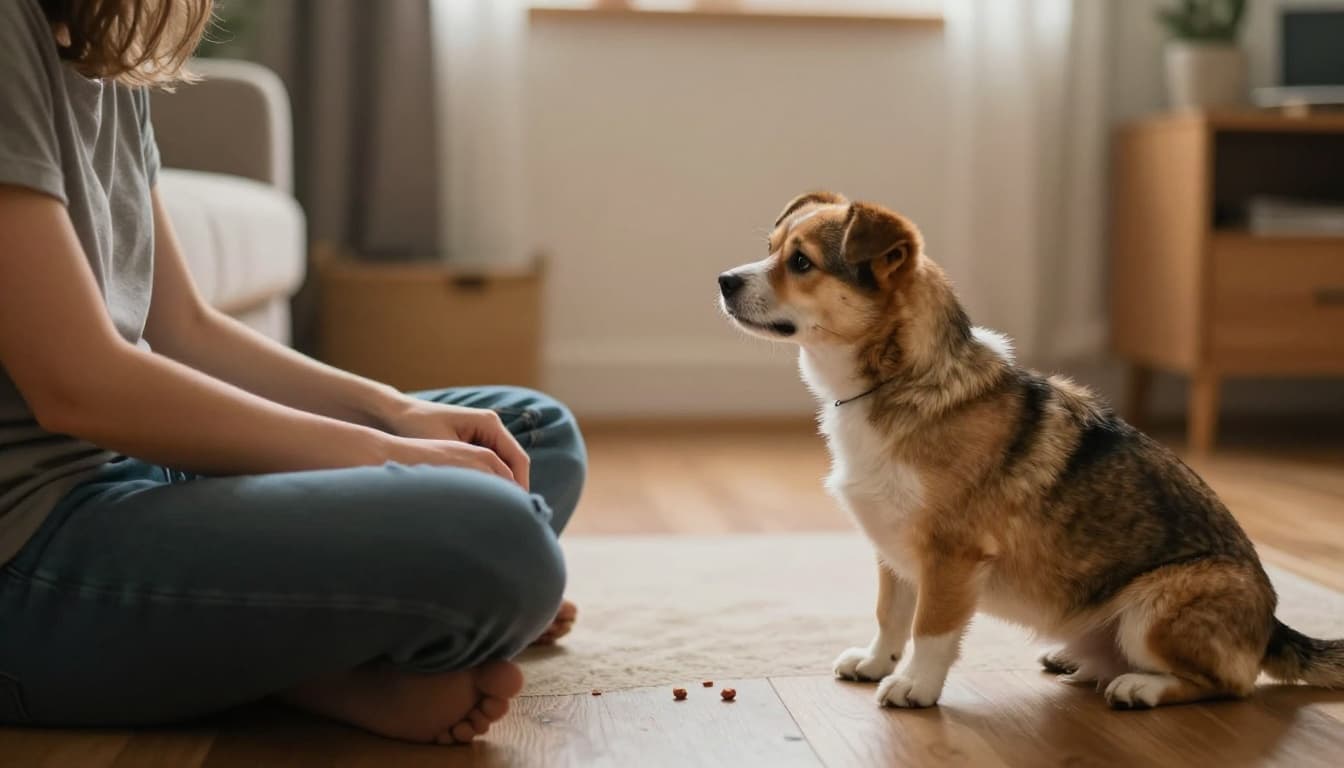 A person sits calmly on the living room floor with a relaxed posture, side-glancing at a shy dog or cat approaching from a distance, with a treat softly tossed nearby under warm indoor lighting.
