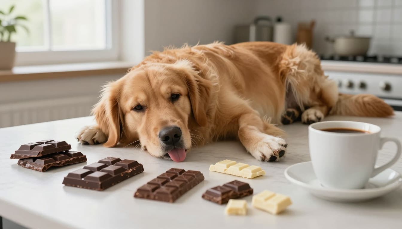 Kitchen table scattered with dark chocolate bars, milk chocolate, white chocolate pieces, and a coffee mug; golden retriever dog slumped nearby panting with tongue out and shaky posture, realistic photograph in natural kitchen window lighting.