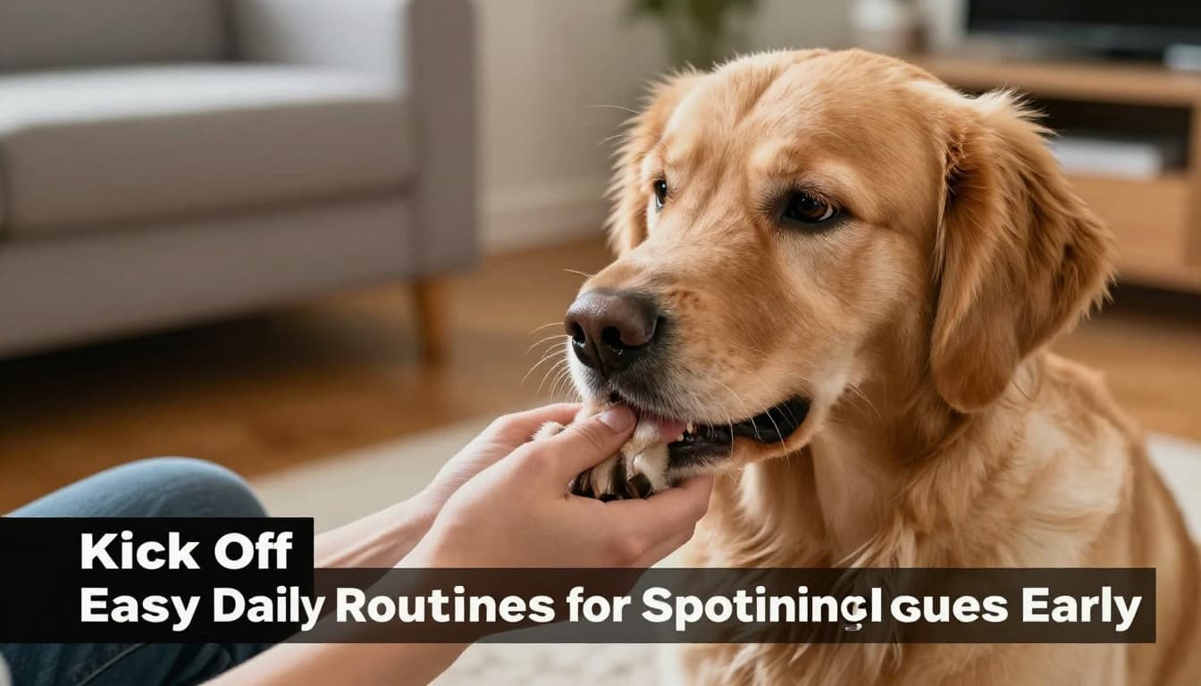 A person gently checking a golden retriever dog's eyes, ears, teeth, and paws during a home health scan in a cozy living room setting with natural daylight lighting.