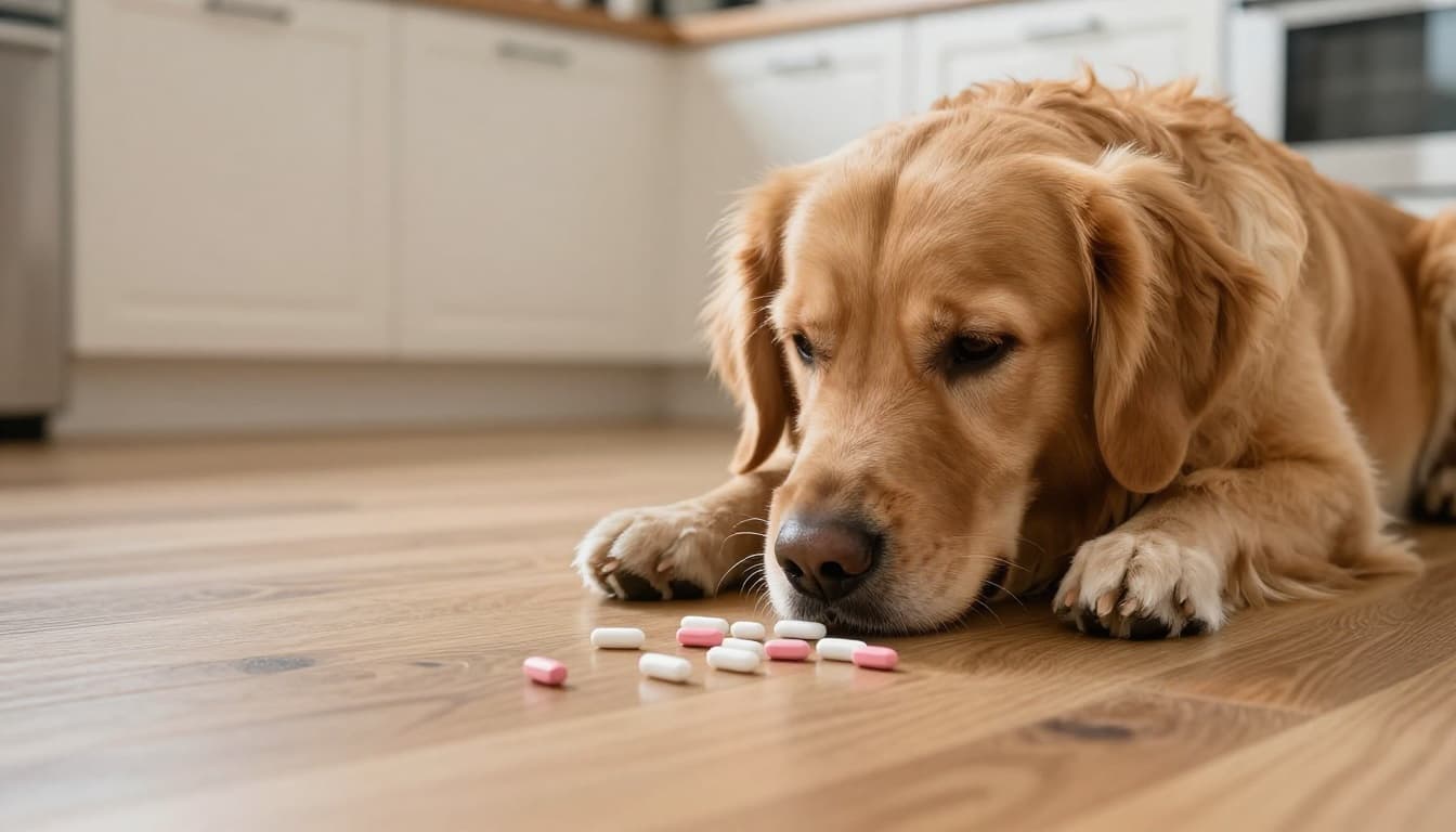 Golden retriever dog curiously sniffing scattered white and pink pills on a wooden kitchen floor in a cozy home kitchen with soft natural light.