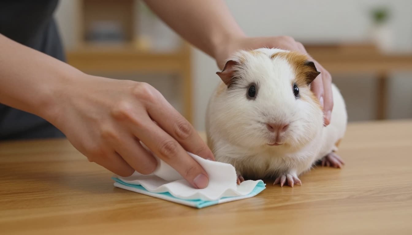 A hand wipes the paws of a small white guinea pig using a pet-safe wipe on a simple home table, focusing on the paws and wipe in warm indoor lighting.