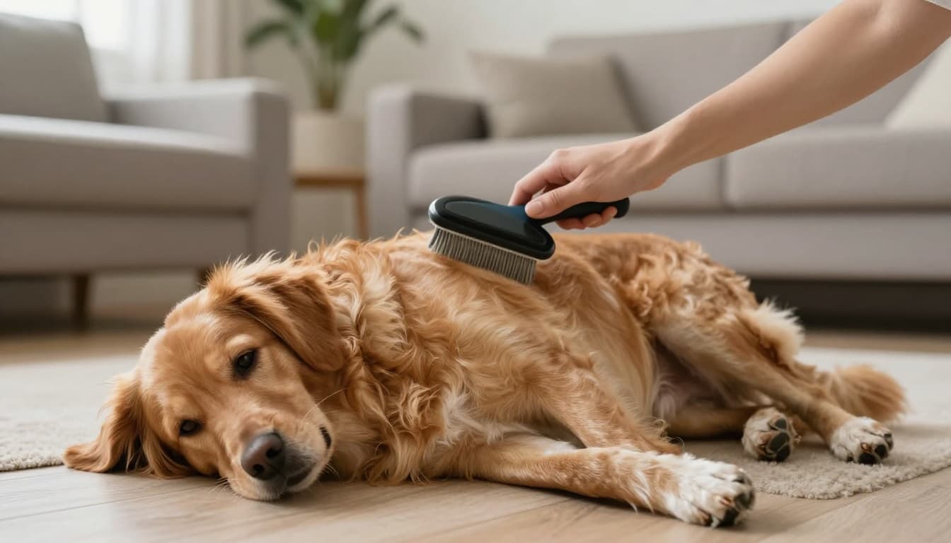 A content medium-haired dog sits calmly in a bright home living room while a gentle hand brushes its back with a slicker brush, emphasizing glossy shiny fur and relaxed expression under natural daylight.