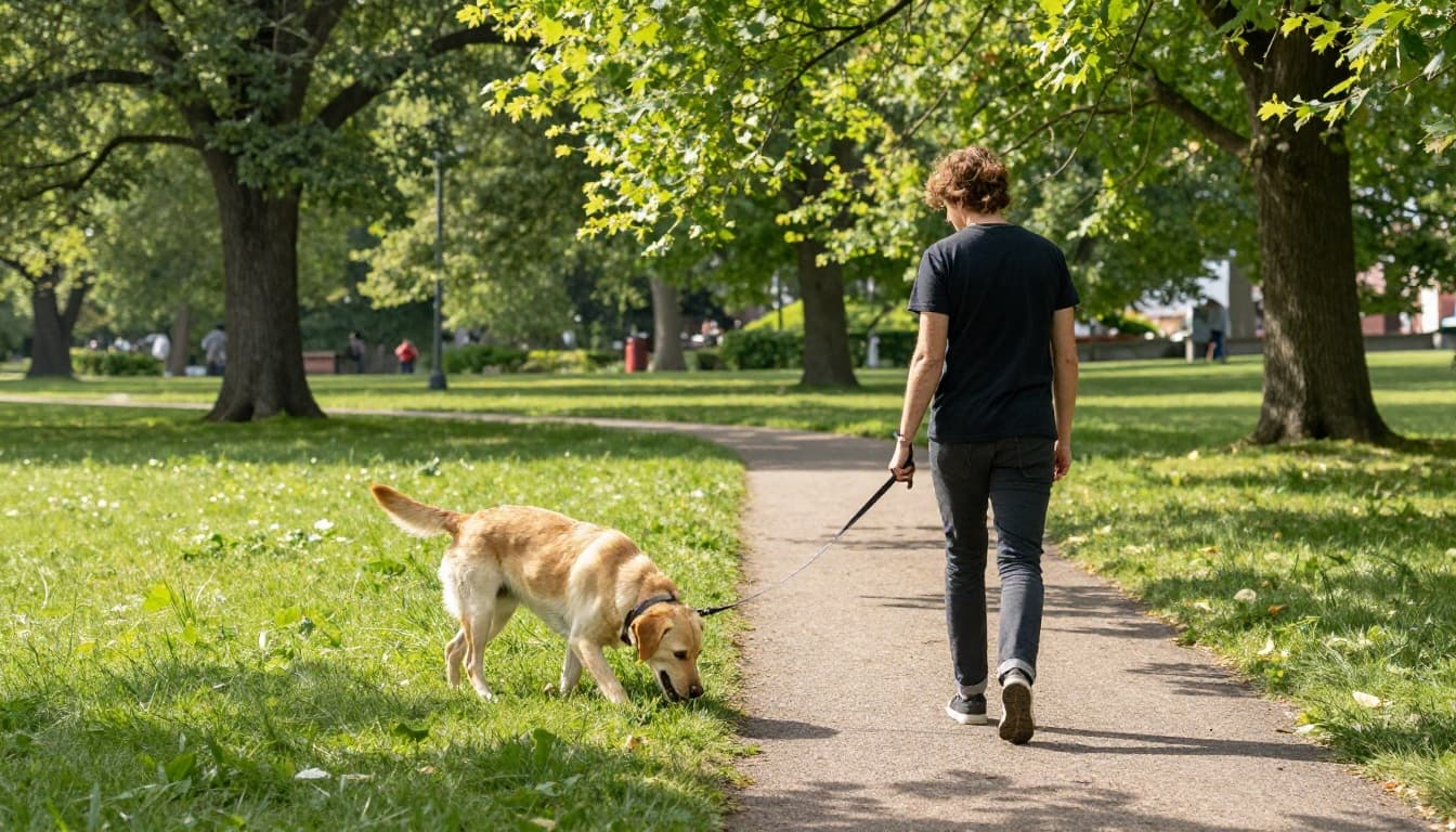 A joyful Labrador retriever takes a relaxed morning walk with its owner along a sunny park path, leash loose while sniffing grass, bathed in natural light filtering through trees.