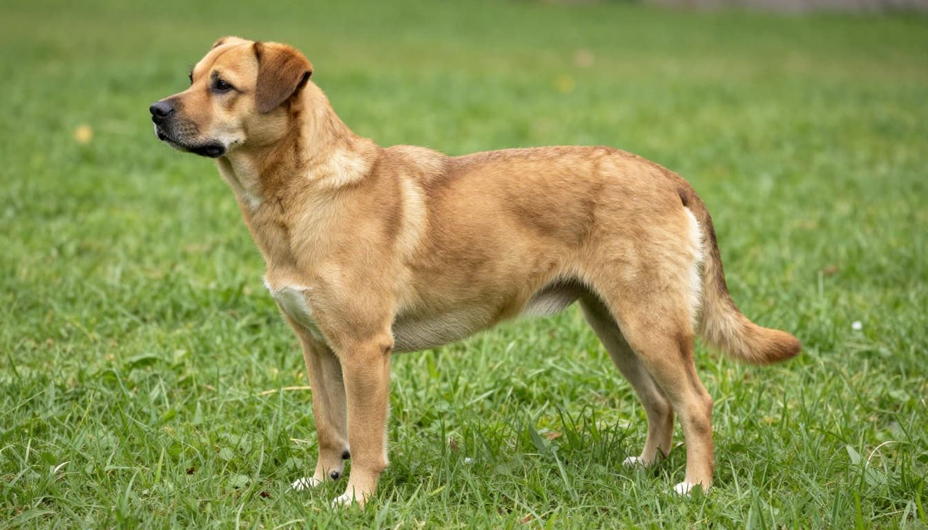 Side view of a healthy medium-sized mixed breed dog standing on grass in a park, showing clear waist and tucked abdomen for ideal BCS 4-5 body condition.