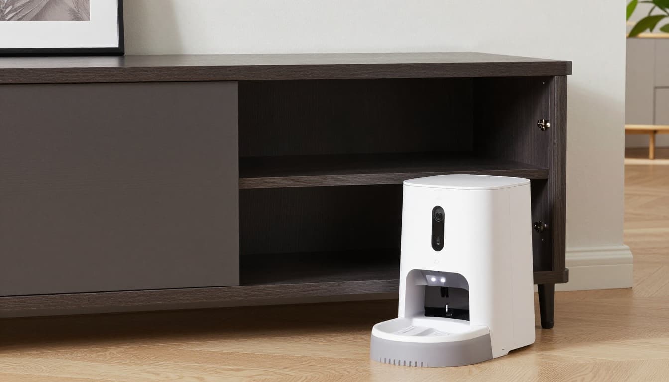 Tech-savvy pet feeder concealed in a stylish modern cabinet, with nearby app-controlled camera, durable stain-resistant furniture featuring dark patterns and integrated LED lights, shown in an empty realistic home room setup.