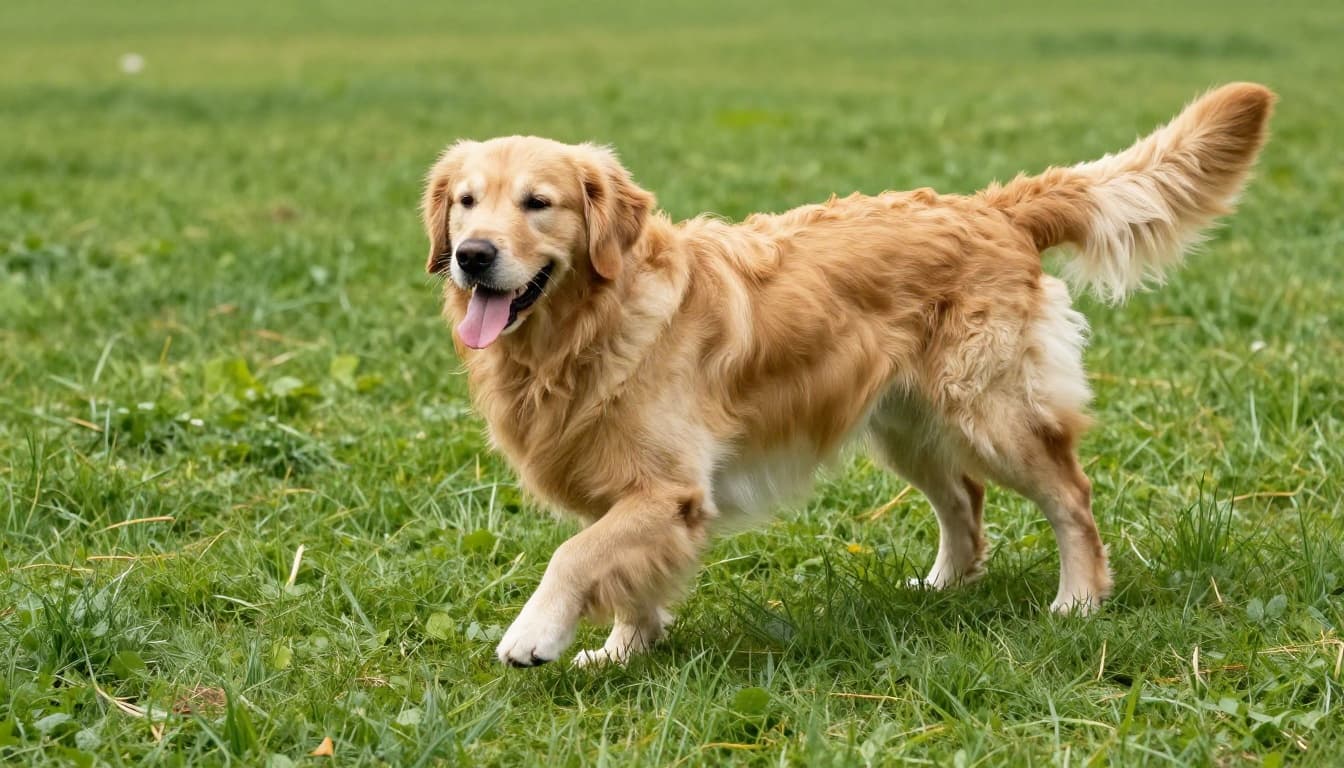Golden retriever dog in a sunny park doing a playful play bow with loose waggy tail and relaxed body posture on green grass background in bright natural daylight, photorealistic style.
