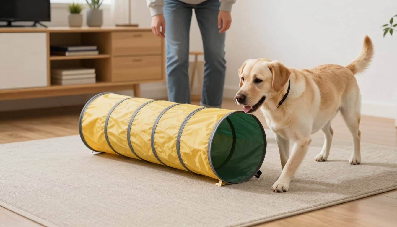 Pet owner sets up a simple indoor obstacle course with boxes, cushions, and tunnel in the living room for a joyful Labrador retriever navigating it, captured from back view in natural light.