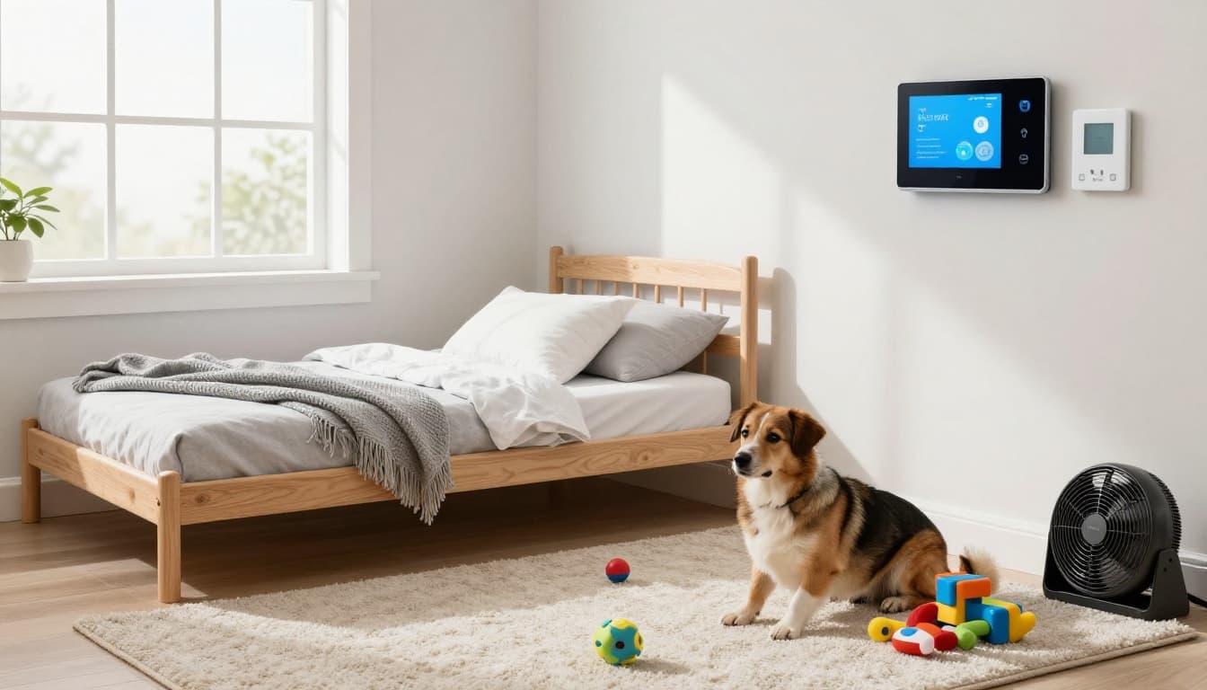 A realistic modern pet zone features an orthopedic bed, smart thermostat on the wall, puzzle toys, low-pile rug, one dog playing happily, climate-controlled room with a fan, using non-toxic materials and bright natural light.