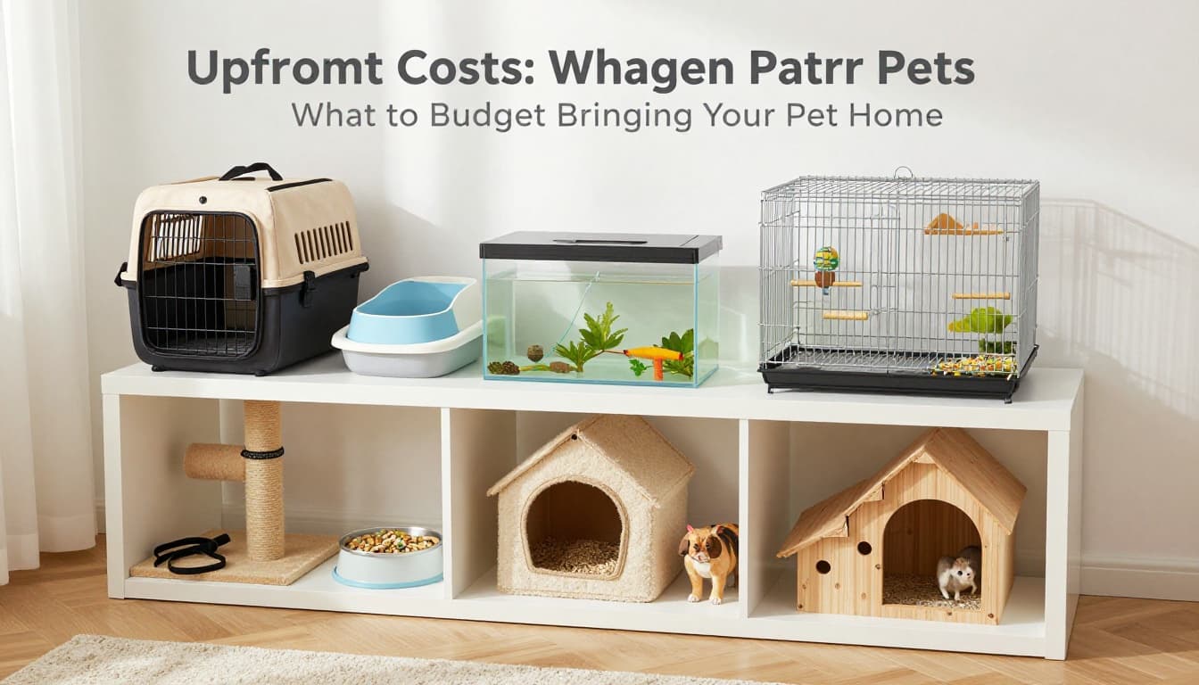 Top-down view of a tidy home shelf showcasing essential starter setups for dogs, cats, birds, fish, and small mammals including crates, litter boxes, cages, tanks, and accessories in bright natural light.