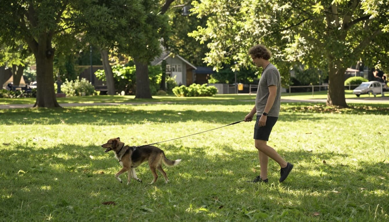 An owner and their happy dog take a calm walk in a sunny park with green grass and trees, loose leash indicating trust and security in their daily routine.