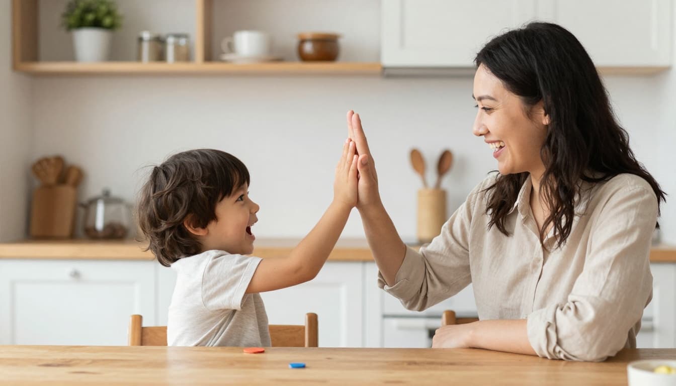 Smiling parent high-fives a young child in a cozy kitchen after putting away toys, both looking happy and excited with natural indoor lighting and warm tones.