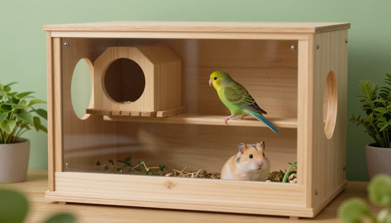 Quiet ventilated cage with natural wood perches for a bird and tunnel system for a hamster, surrounded by plants in soft green tones and warm lighting.