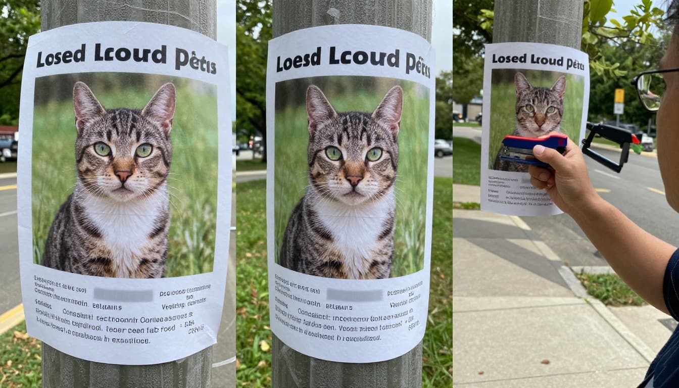 A person in casual clothes staples colorful lost pet flyers featuring a large photo of a tabby cat to a telephone pole in a sunny park during clear daytime weather.