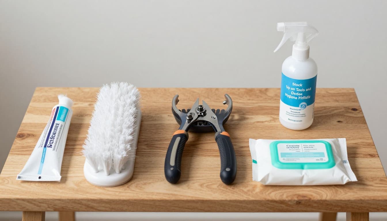Assortment of pet hygiene tools on a wooden table including dog nail grinder, cat litter scoop, soft brush, pet toothpaste tube, wipes pack, and disinfectant spray, captured in top-down composition with natural light and clean background.