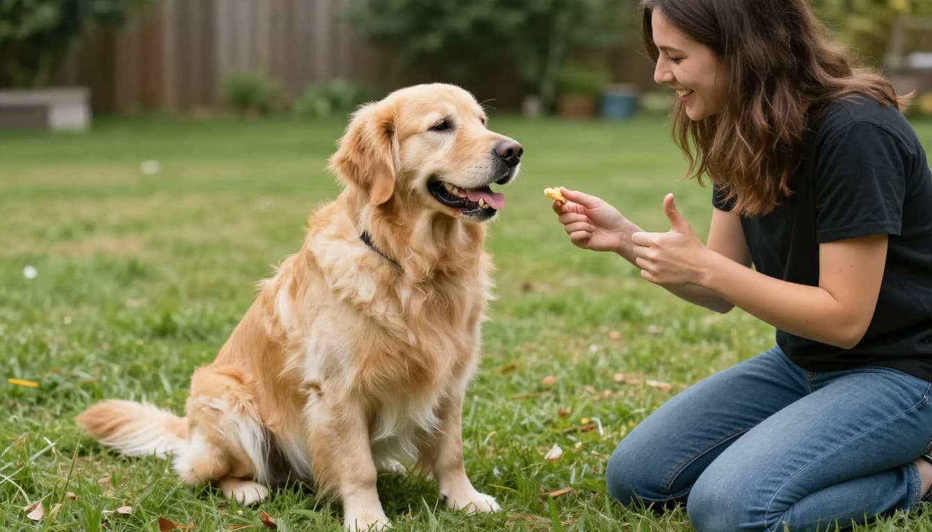 A golden retriever sits obediently in a sunny grassy backyard while its owner kneels nearby, offering a treat with a thumbs-up gesture and joyful expressions on both.