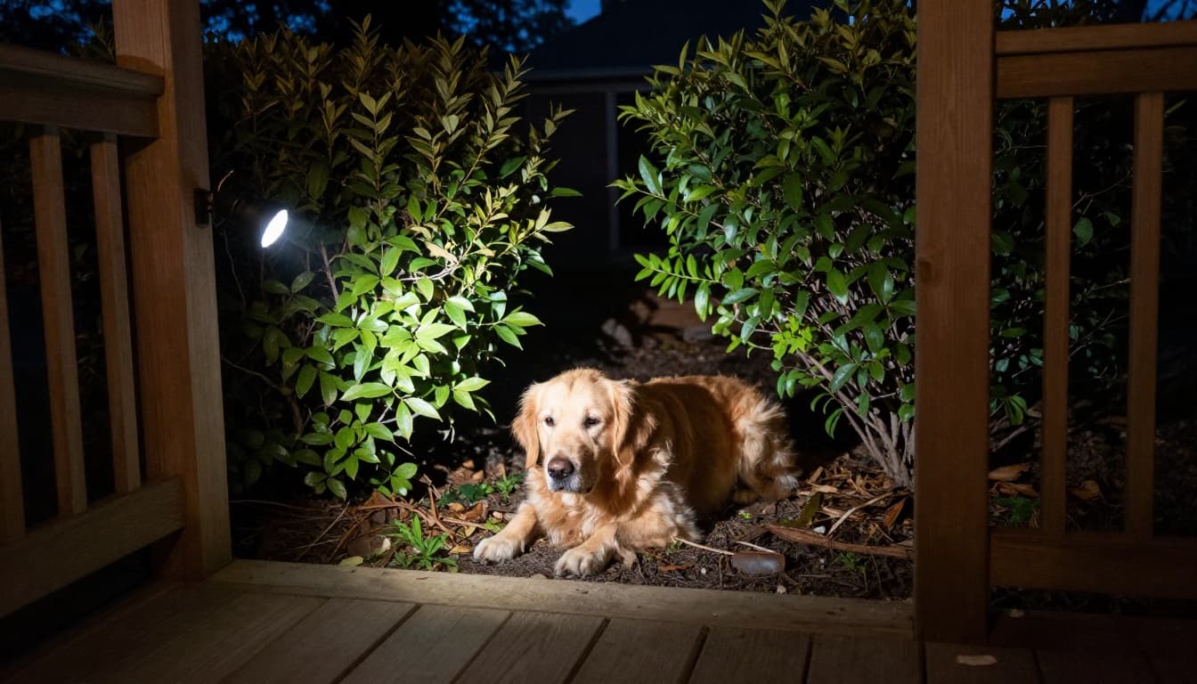 A scared golden retriever hides under a wooden porch in a suburban backyard during dusk, with dense bushes nearby and a flashlight beam searching from one side. Realistic photo style with natural lighting and shadows, illustrating a pet hiding in a common neighborhood spot during a search.
