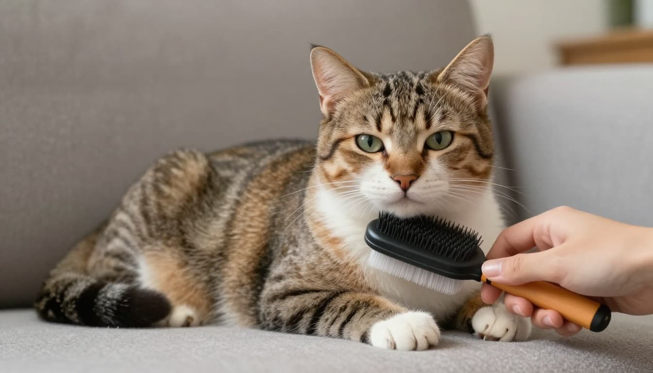 Close view of a relaxed tabby cat being brushed with a soft grooming brush by one hand on a home couch in soft natural light.