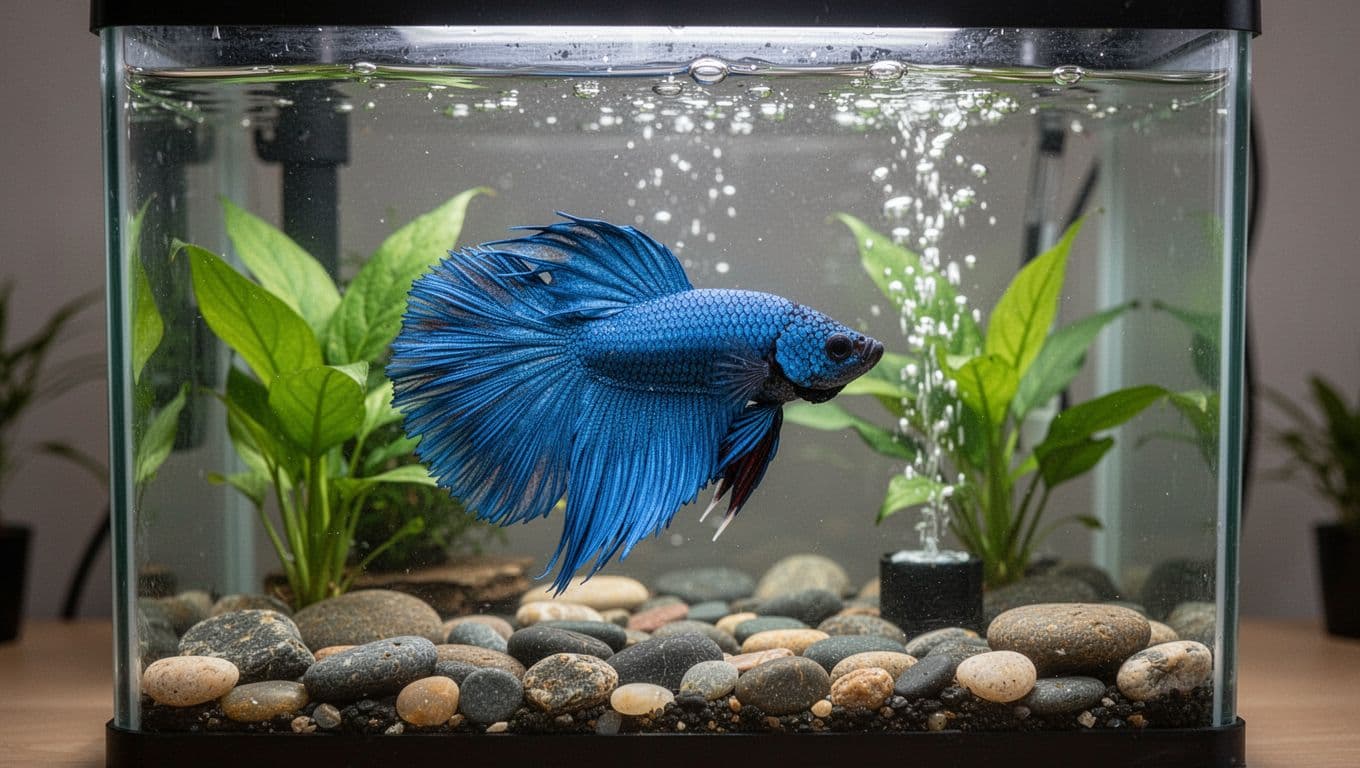 Vibrant blue betta fish swims gracefully in a clean 5-gallon aquarium with green plants, smooth pebbles, and a gentle bubbler under soft underwater lighting.